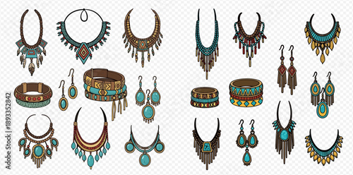 Set of ethnic style jewelry with turquoise gemstones and intricate designs, including necklaces, earrings, and bracelets.