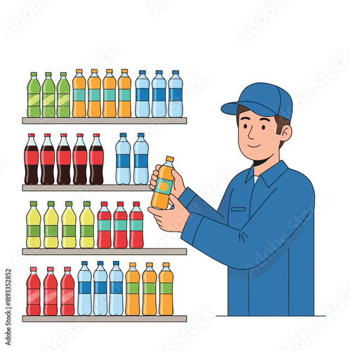 Man standing beside shelves stocked with assorted drinks bottles