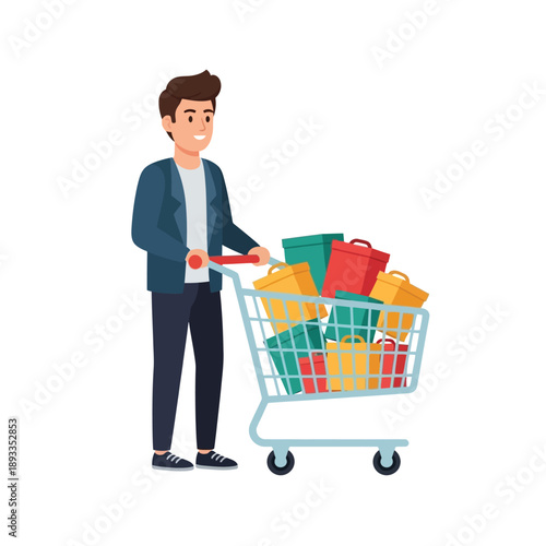 Man shopping with full cart in retail store illustration