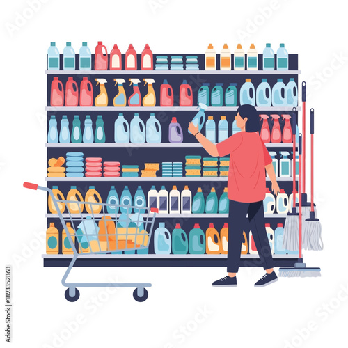 Person shopping for household cleaning supplies in a retail store