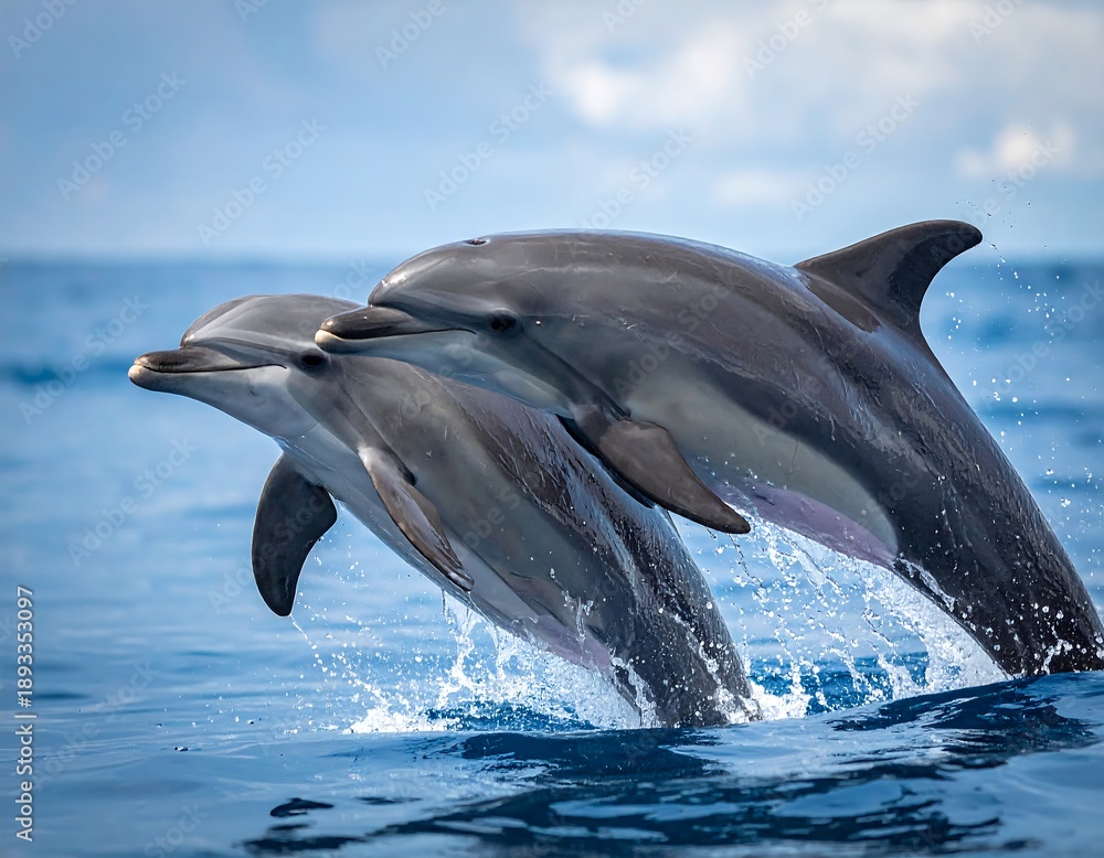 Fototapeta premium Two dolphins jumping out of the ocean (2)