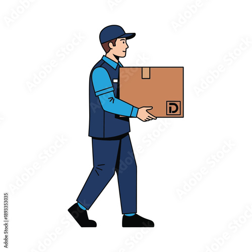 Delivery person carrying a large package on the go in a professional setting