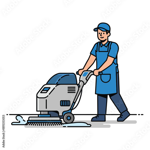 Man operating floor cleaning machine in commercial setting from side view