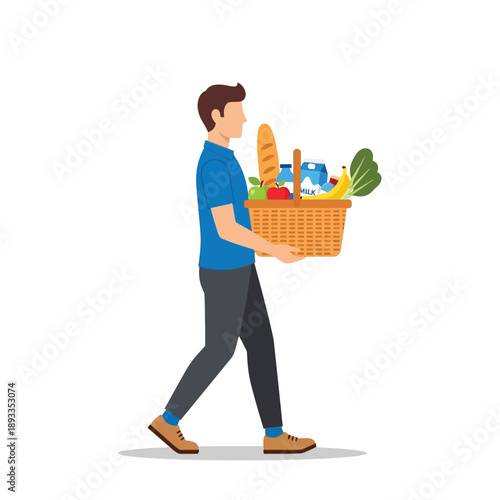 Man carrying a basket full of fresh produce and groceries while walking