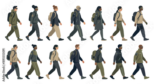 Group of diverse people walking with backpacks vector illustration