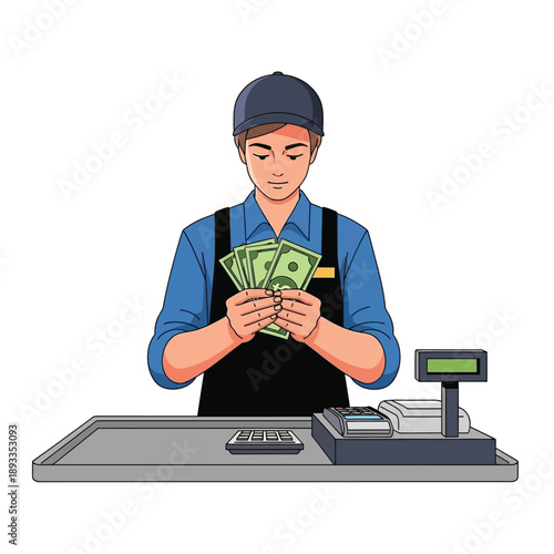 Cashier counting money at checkout counter illustration from front view