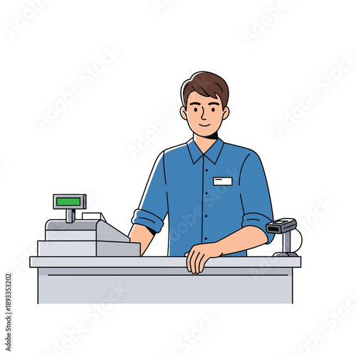 Man standing behind counter with cash register and scanner visible nearby