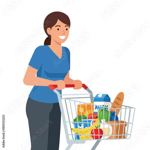 Woman pushing shopping cart full of groceries in a supermarket view