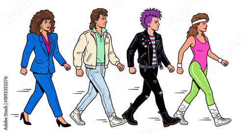 People in 1980s fashion walking in a row vector illustration