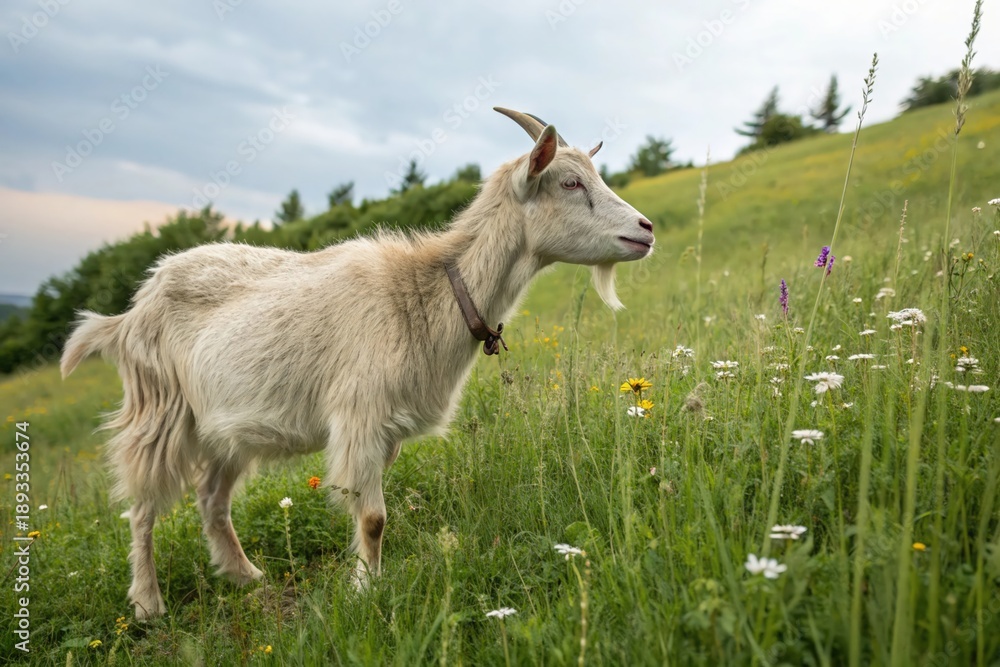 Obraz premium A goat is walking through a field of flowers