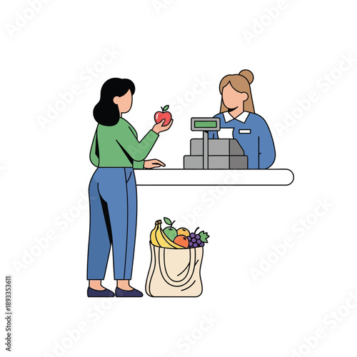 Woman purchasing fresh produce at a grocery store checkout