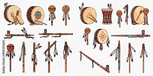 Native American tribal musical instruments and traditional objects set.