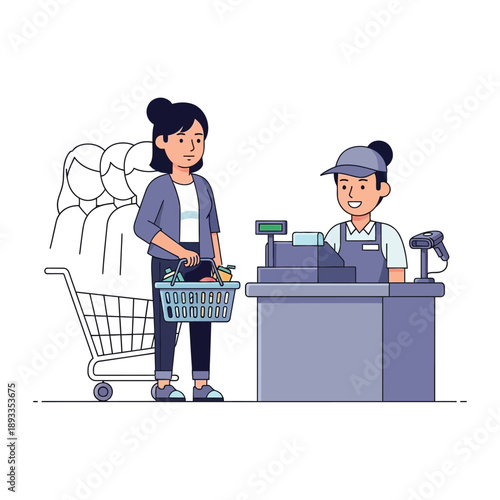 Woman paying for groceries at checkout counter with cashier