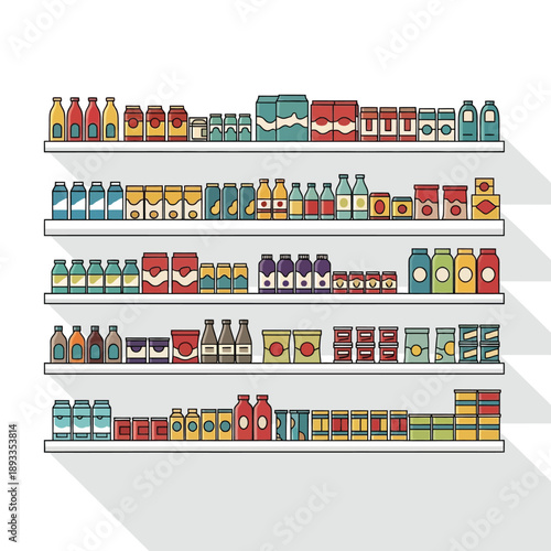 Colorful beverage bottles and cans on shelves in a store from a front viewpoint
