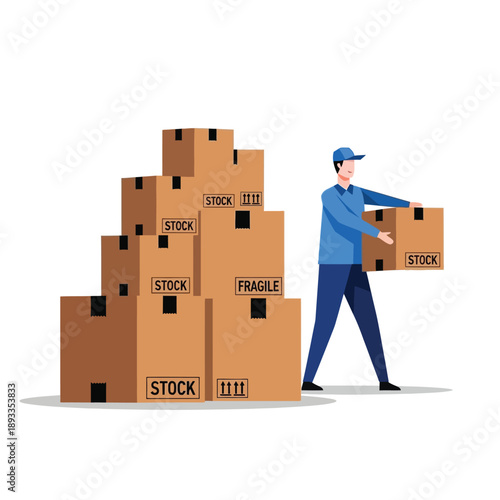 Man in blue uniform carrying box near stockpile of boxes