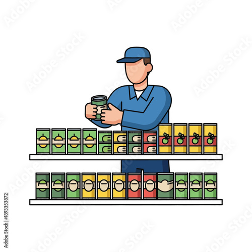 Man in blue uniform holding a can in front of colorful cans on shelves