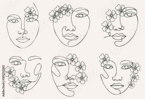 Minimalist Floral Line Art Portraits Abstract Female Faces with Botanical Accents