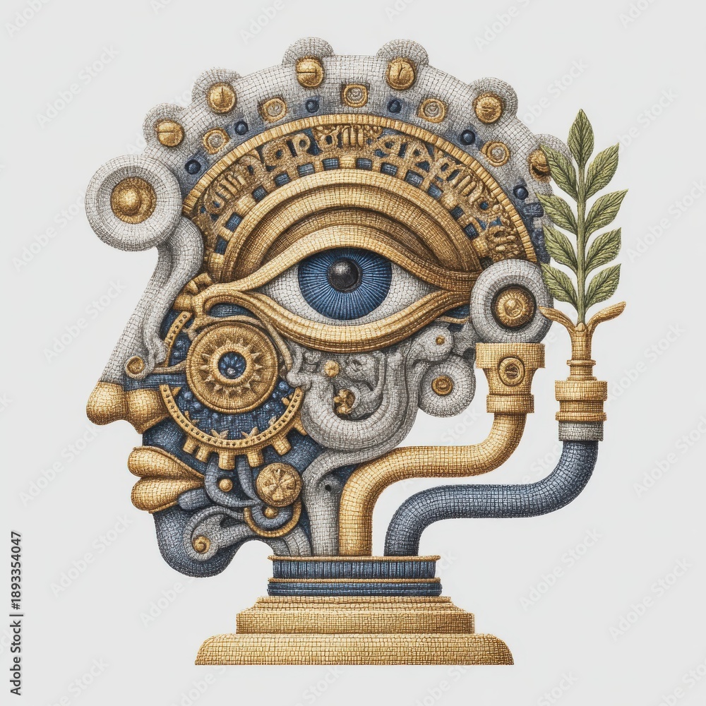 Fototapeta premium Intricate Steampunk Mechanical Head Profile With Blue Eye And Gold Details On White Background