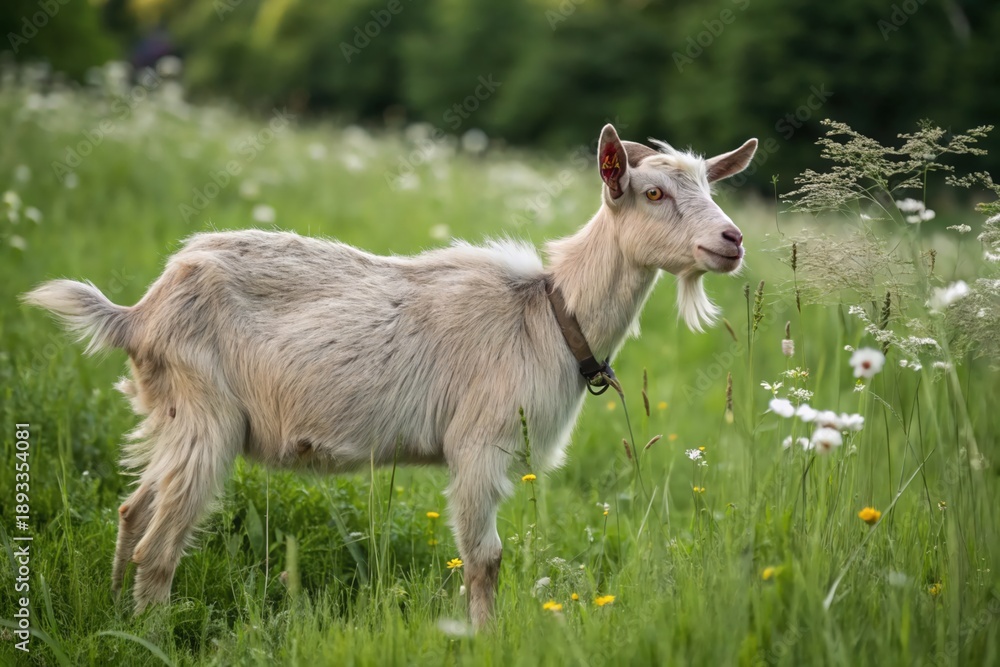 Obraz premium A goat is walking through a field of flowers