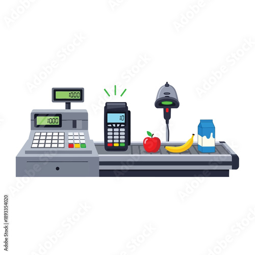 Checkout counter with cash register, payment terminal, fruits, and milk on display in a retail store environment from a front viewpoint