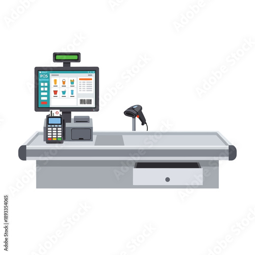 Cashier counter with computer monitor and barcode scanner on a gray surface viewed from the front