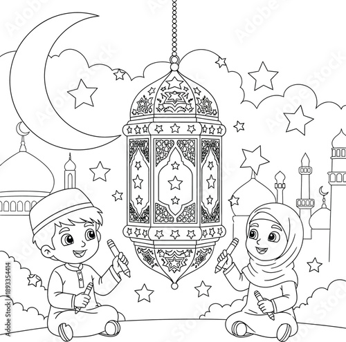 Ramadan kids coloring page with lantern and mosque