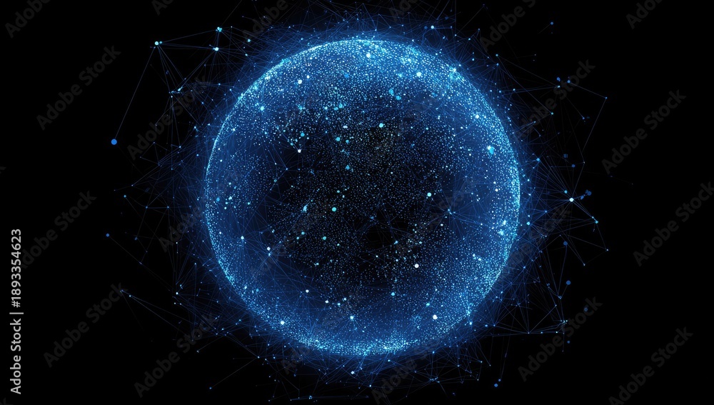 Obraz premium Glowing digital orb with connected lines against black. Resembles data network visualization