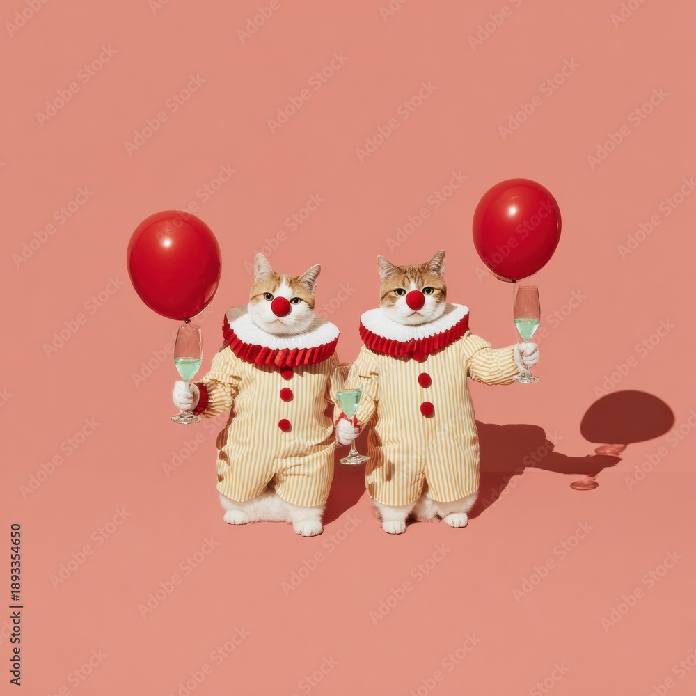 Fototapeta premium Two funny cats in clown costumes holding balloons and drinks on pink background for greeting card design, domestic pets acting as party entertainers in studio