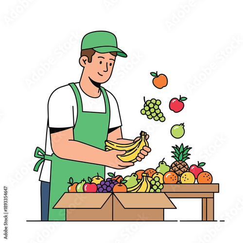Man in green apron arranging fresh fruits on table