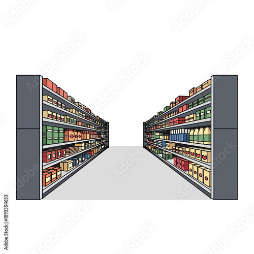 Supermarket shelves stocked with products viewed from the aisle's end