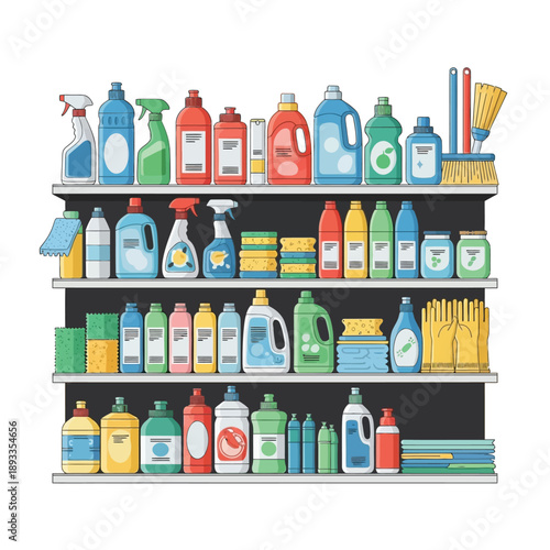 Cleaning supplies organized on shelves in a retail store environment