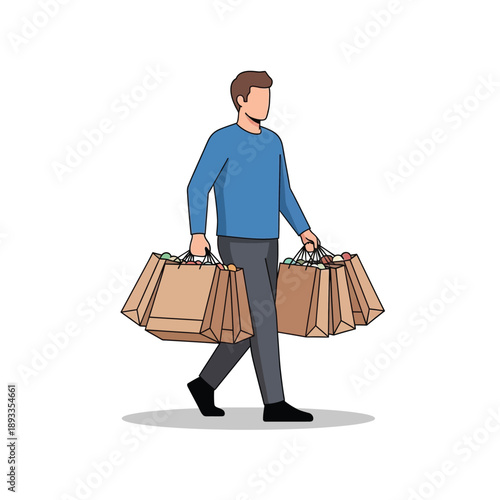 Man carrying shopping bags walking down the street illustration