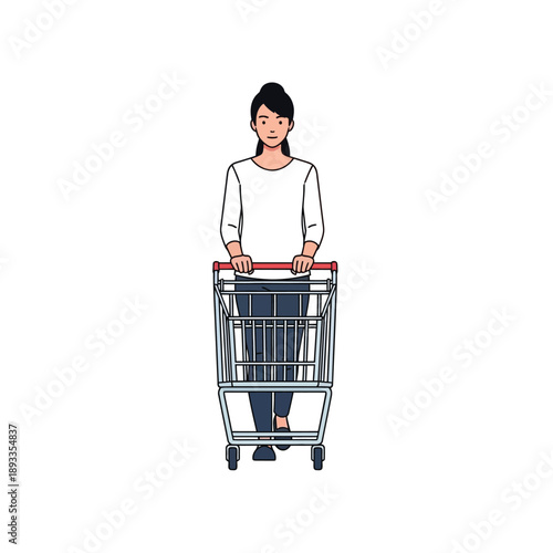 A woman pushing a shopping cart down the aisle in a store from a front viewpoint