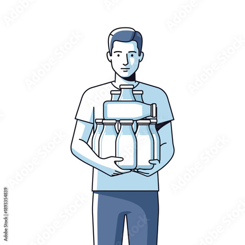 Man holding three milk jugs in front of his chest