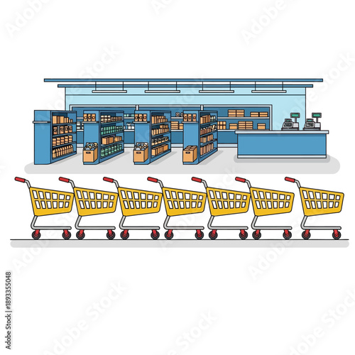 Shopping carts lined up in front of a supermarket store interior view