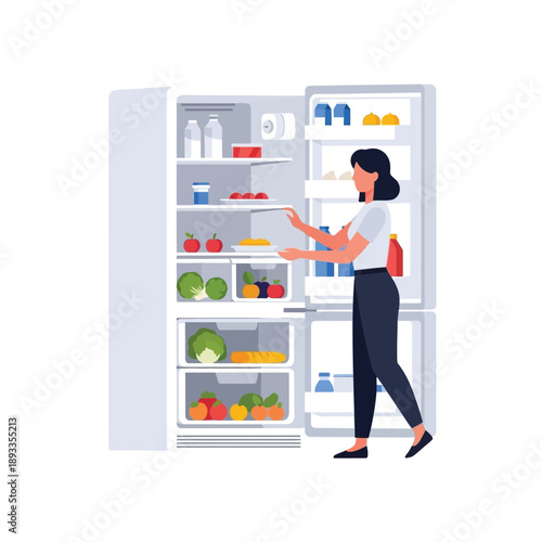 Woman checking food items in an open refrigerator with various contents