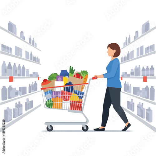 Woman pushing shopping cart filled with groceries down supermarket aisle