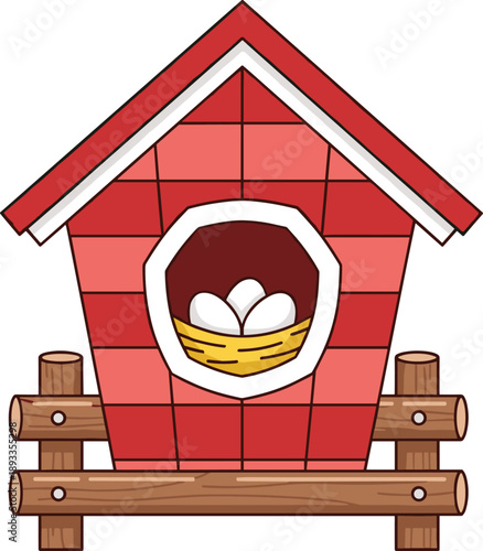Birdhouse, nest, eggs, red, wooden, shelter, nature, wildlife, home, safe, cozy, reproduction, illustration, hexagon, trim, roof, fence, structure, nesting, bird, protection, habitat