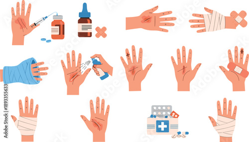 Hand, injury, wound, bandage, stitches, antiseptic, treatment, medical, , first aid, trauma, healing, illustration, cartoon, graphic, cast, syringe, medicine, bandages, wrapped, recovery, emergency