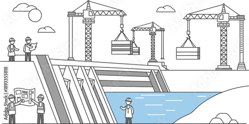 Engineers and construction workers coordinate the complex building process of a large modern hydroelectric dam utilizing multiple heavy lifting tower cranes overhead.