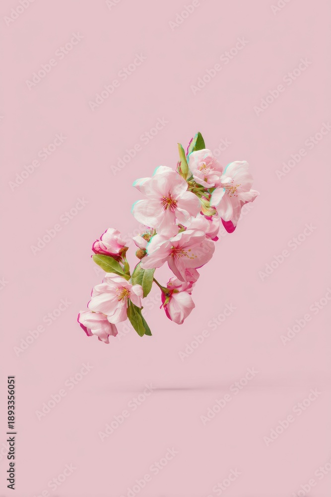 Fototapeta premium Spring Flower Branch Floating on Pink Background with Subtle Glitch Effect Edges for Modern Botanical Graphic Design and Nature Themed Advertising Projects
