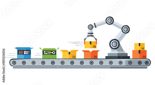 Robotic arm assembly line automation process with colorful industrial blocks 3d render