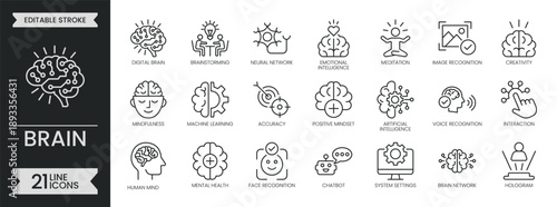 Brain outline icon set. Containing artificial intelligence, mind, technology, digital, neural, network, machine learning, recognition and more. Editable stroke symbols pack. Vector illustration