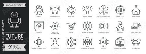 Future technology outline icon set. Containing machine learning, artificial intelligence, innovation, chatbot, network, robotics, cloud, automation and more. Editable stroke. Vector illustration