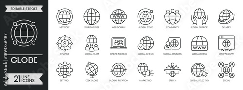 Globe outline icon set. Containing worldwide, planet earth, global, ecology, international, network, sphere, citizen, business, population and more. Editable stroke symbols pack. Vector illustration