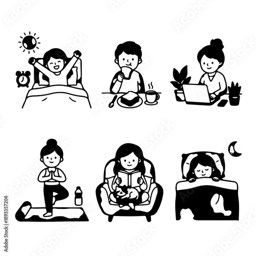 Woman Daily Life Routine Icons Set from Waking Up to Working and Sleeping