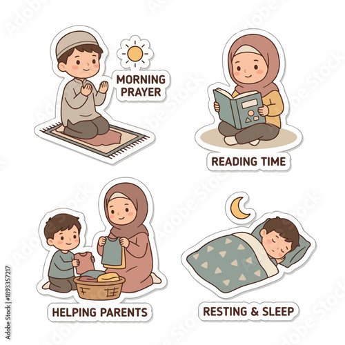 Set of Muslim Kids Daily Activities Sticker Pack with Morning Prayer and Reading Quran