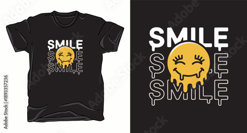 Cool streetwear graphic t-shirt with melting smiley face and smile emoji text