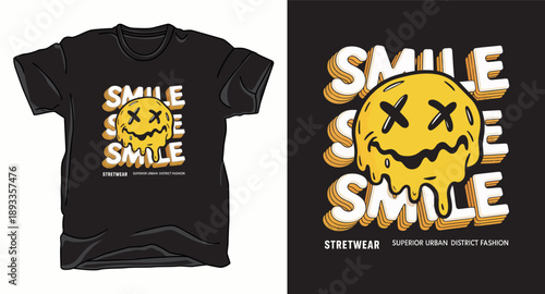 Smile streetwear tshirt design black, with melting smile face emoji on it