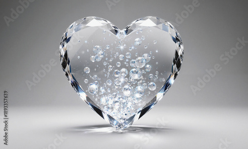 An enormous floating heart sculpted from transparent crystal with tiny glowing orbs orbiting inside, symbolizing love as a universe